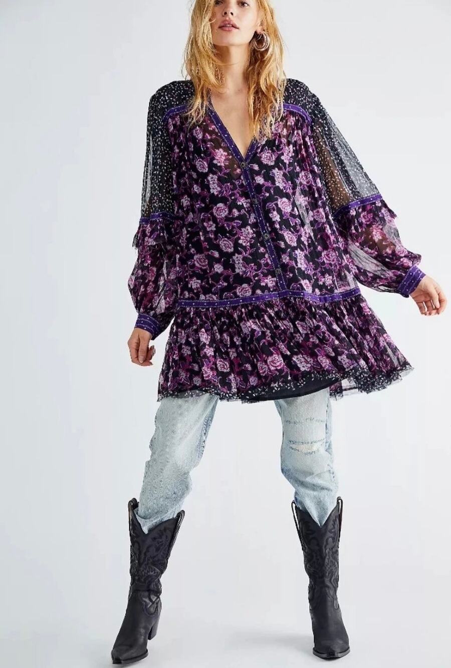 Free People Rosebud Mini Tunic Dress XS Sheer Floral Boho Purple Long Sleeve